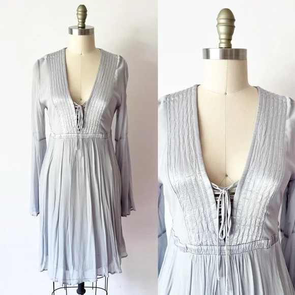 Anthropologie GHOST London Bell Sleeve Light Blue Gray Dress Button Back - Picture 1 of 9